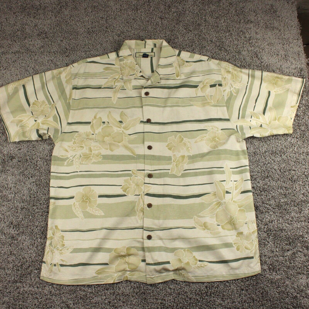 Tommy Bahama Silk Shirt Mens Medium Green Floral Stripe Short Sleeve Camp